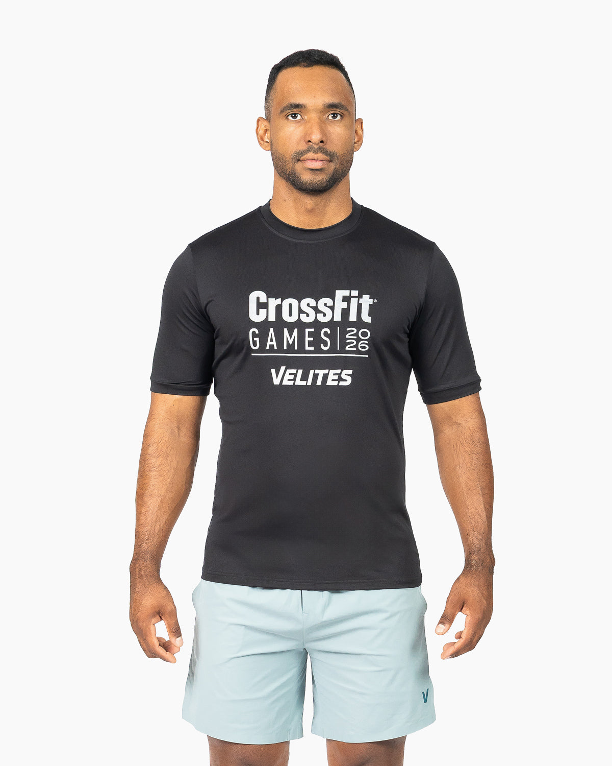 Front view of the official black unisex HOLO 20th Anniversary CrossFit Games t-shirt by Velites