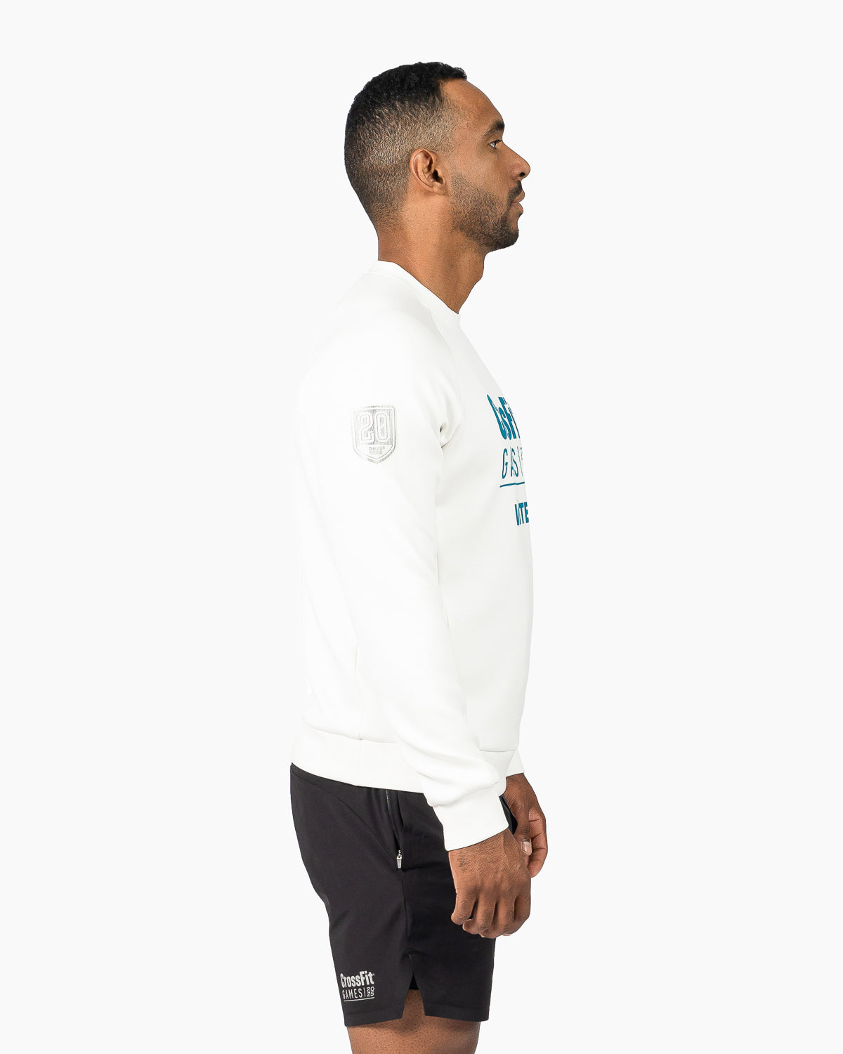 Rear three-quarter view showing the clean collar line of the pearl white unisex sweatshirt