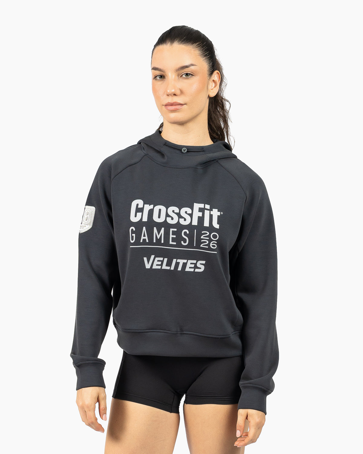 Front view of the official black women's HOLO 20th Anniversary CrossFit Games crop hoodie