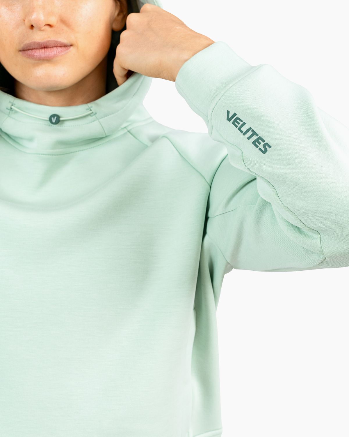 Velites Damen Holo Cropped-Kapuzenpullover Kapuzendetail color_Mojito