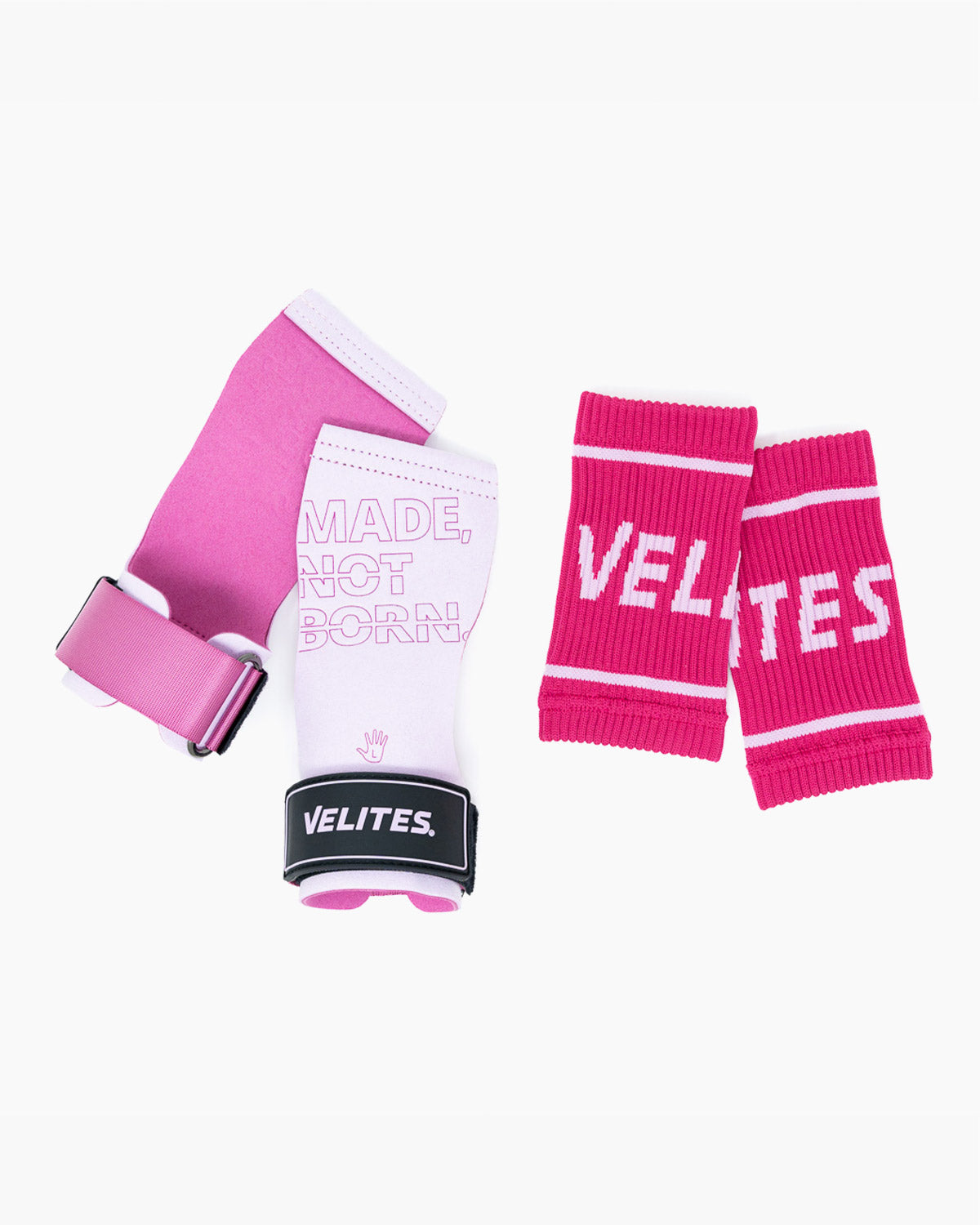 Velites Quad Pro grips en magnésium et sangles de poignet posés à plat rose