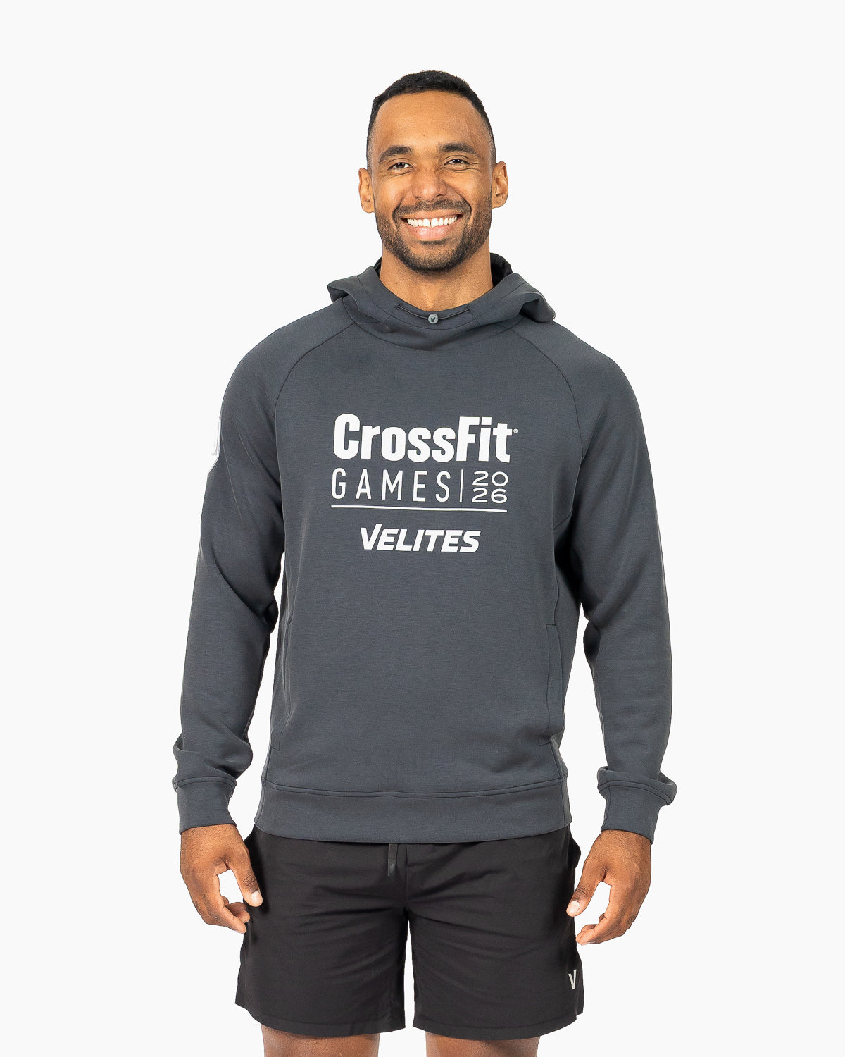 Front view of the official black unisex HOLO CrossFit Games 2026 hoodie by Velites
