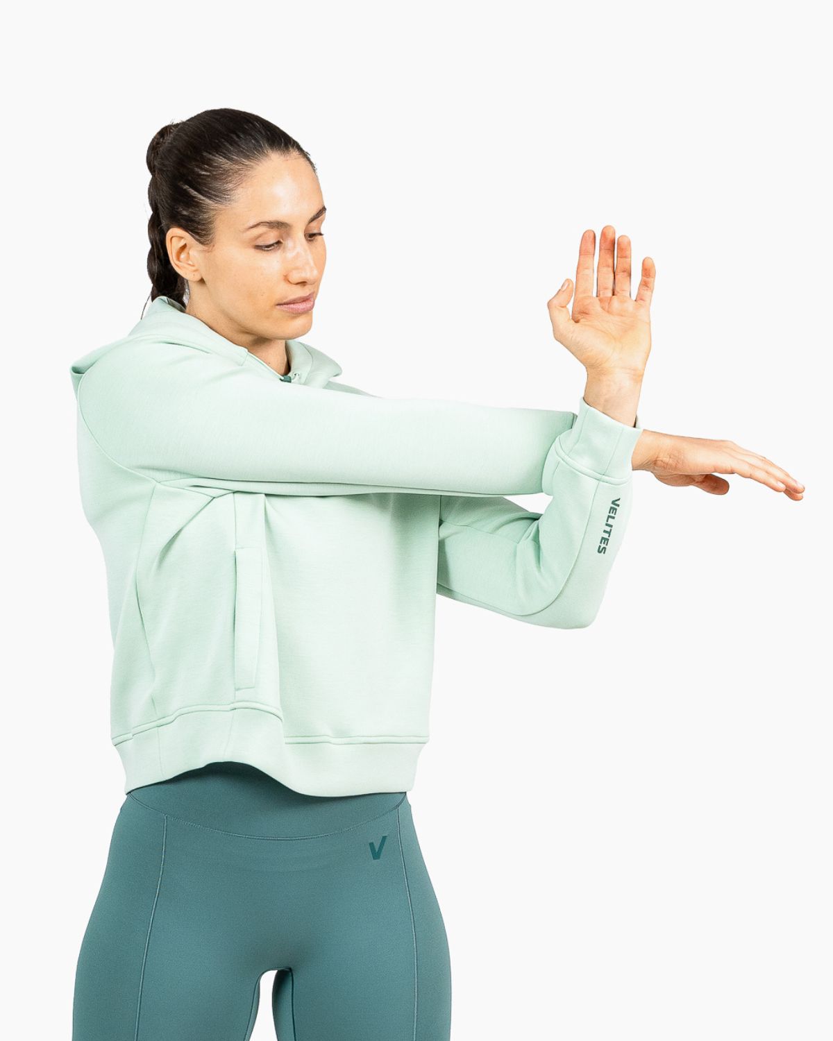 Velites Damen Holo Cropped-Kapuzenpullover Seitenansicht color_Mojito