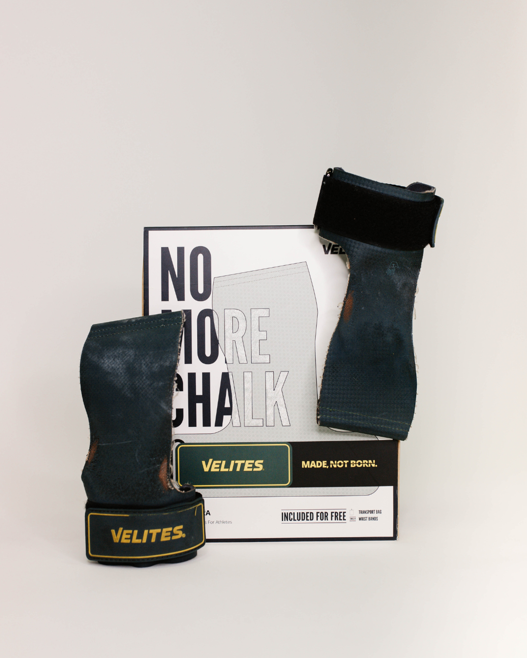 Used Velites grips placed over the “No More Chalk” box – highlight for the grips renewal promotion